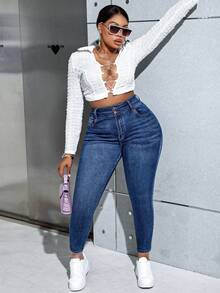SHEIN PETITE CURVE Quần jean bó cạp cao, túi chéo, đa năng, thường ngày cho nữ cỡ lớn - Rửa trung bình - Xem 2