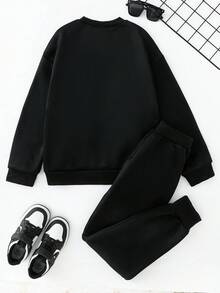 SHEIN Tween Boys Casual Loose Fit Long Sleeve Sweatshirt And Pants Co-Ord Set Fall Winter,Unisex - Black - View 2
