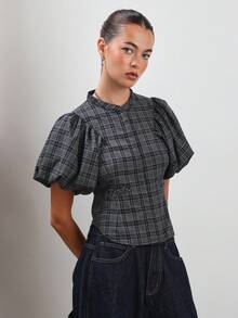 COUREZ Puff Sleeve Check Top /Y2K  Women Clothes  Clothes Cute Tops Going Out Outfits Cute Sexy Steetwear Elegant - Grey - View 6