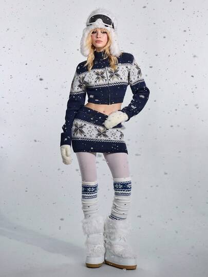 ROMWE Avant Y2K Babe Knit 2 Pieces Set, Vintage Jacquard Contrast Color Cropped Cardigan + Mini Skirt Suit