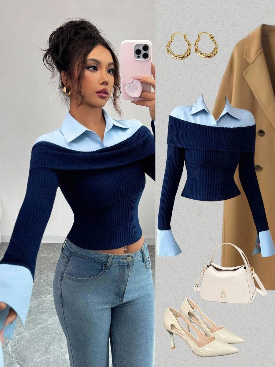 Elenzga Women's Autumn/Winter 2 In 1 Design Fashionable Patchwork Casual Blue Long Sleeve T-Shirt - Blue - View 1