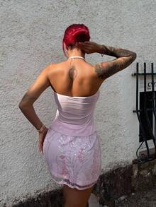 Bearsaez Falda larga de tiro bajo con tirantes de espagueti, textura de lentejuelas y color rosa, ideal para vacaciones y playa; Falda con estampado floral, cuentas y lentejuelas incrustadas, color rosa - Rosa - Ver 2