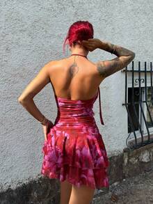 Bearsaez Latest Design Printed Open Back, Metal Decor Waist, Flare Mini Dress - Red - View 2