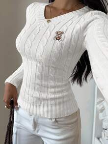 SHEIN EZwear Suéter de mujer con bordado de oso, de cuello en V, de manga larga, suéter con bordado de oso Teddy, suéter de punto de cable, suéter blanco, jersey para mujer, jersey blanco, ropa de otoño e invierno para mujer