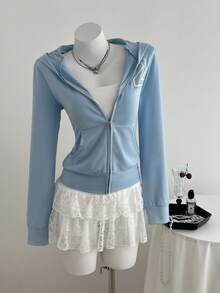 Elamini 秋季性感复古印花修身收腰拉链卫衣（女款） - 淺藍色 - 查看 4