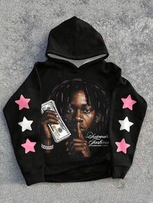 Manfinity Dauomo 美式复古街头嘻哈风星星元素连帽卫衣，男士秋冬上衣 - 彩色 - 查看 4