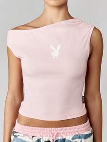 Missguided x Playboy Áo crop top lệch vai tay ngắn, dáng ôm vừa vặn, thời trang mùa hè xuân hè, logo thỏ - Màu Hồng baby - Xem 4