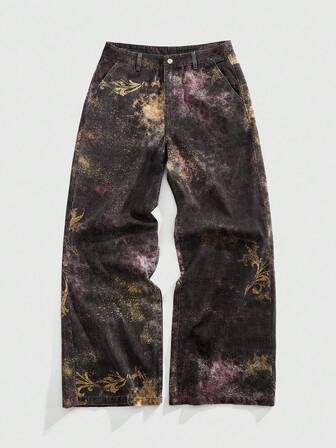 Street Life Pantalones vaqueros de mezclilla con estampado vintage de teñido anudado para hombres
