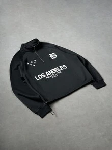 Manfinity Sporsity Men's Autumn Letter Print Raglan Sleeve Drawstring Hem Casual Pocket Pullover Hoodie