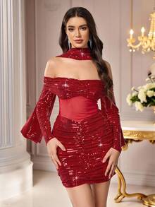 Coutiva Women's Sequin Off Shoulder Long Sleeve Mesh Ruffle Fitted Cocktail Party Dress,Luxury Evening Gown,Pearl Cuff Design,Formal Wedding Guest Graduation - Red - View 11