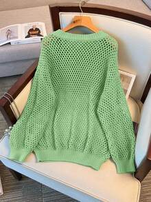 SHEIN Clasi Áo len dệt kim khoét lỗ màu trơn cỡ lớn, thường ngày cho mùa thu - màu xanh lá - Xem 2