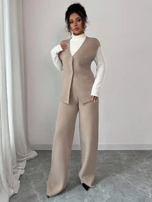 Siren Gaze 2 peças femininas cor sólida decote em V botão cardigan suéter colete e calças terno casual, conjunto confortável, suéter feminino 2 peças roupa outono/inverno - Damasco - Ver 7