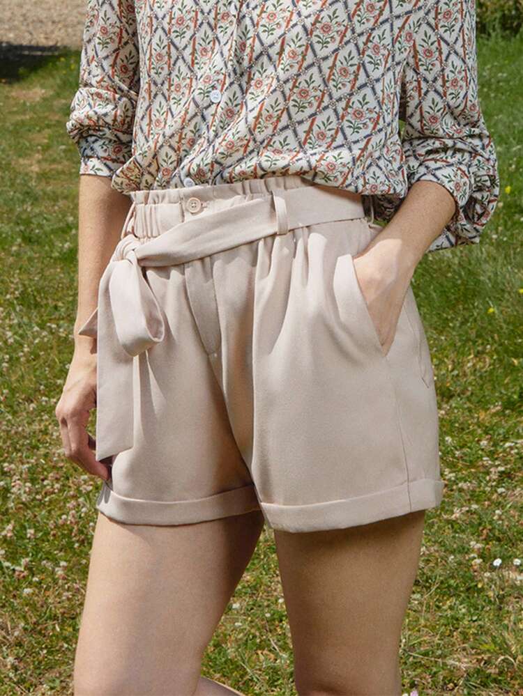 High Waist Shorts With Elastic Waistband, Tie Belt And Rolled Hem Vacation Office Autumn Winter