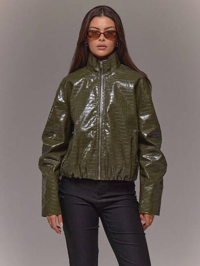 MUSERA High Neck Khaki PU Print Zip Up Jacket Sexy Cute Y2k 90's Night Out Winter Christmas Fall Autumn Coolgirl  Elegant Thanksgiving Party Night Out Streetwear