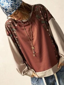 Bohemela 休闲针织拼布圆领碎花长袖宽松水洗女式上衣 - 摩卡棕 - 查看 1