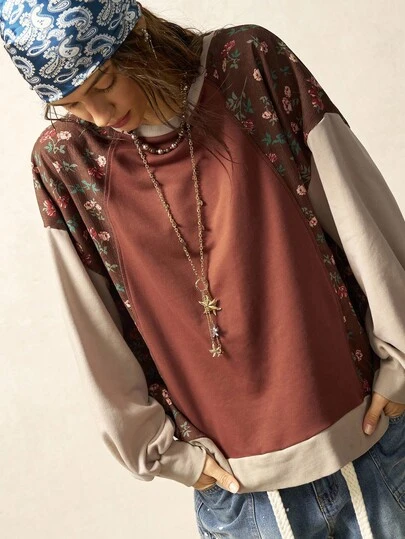 Bohemela 休闲针织拼布圆领碎花长袖宽松水洗女式上衣