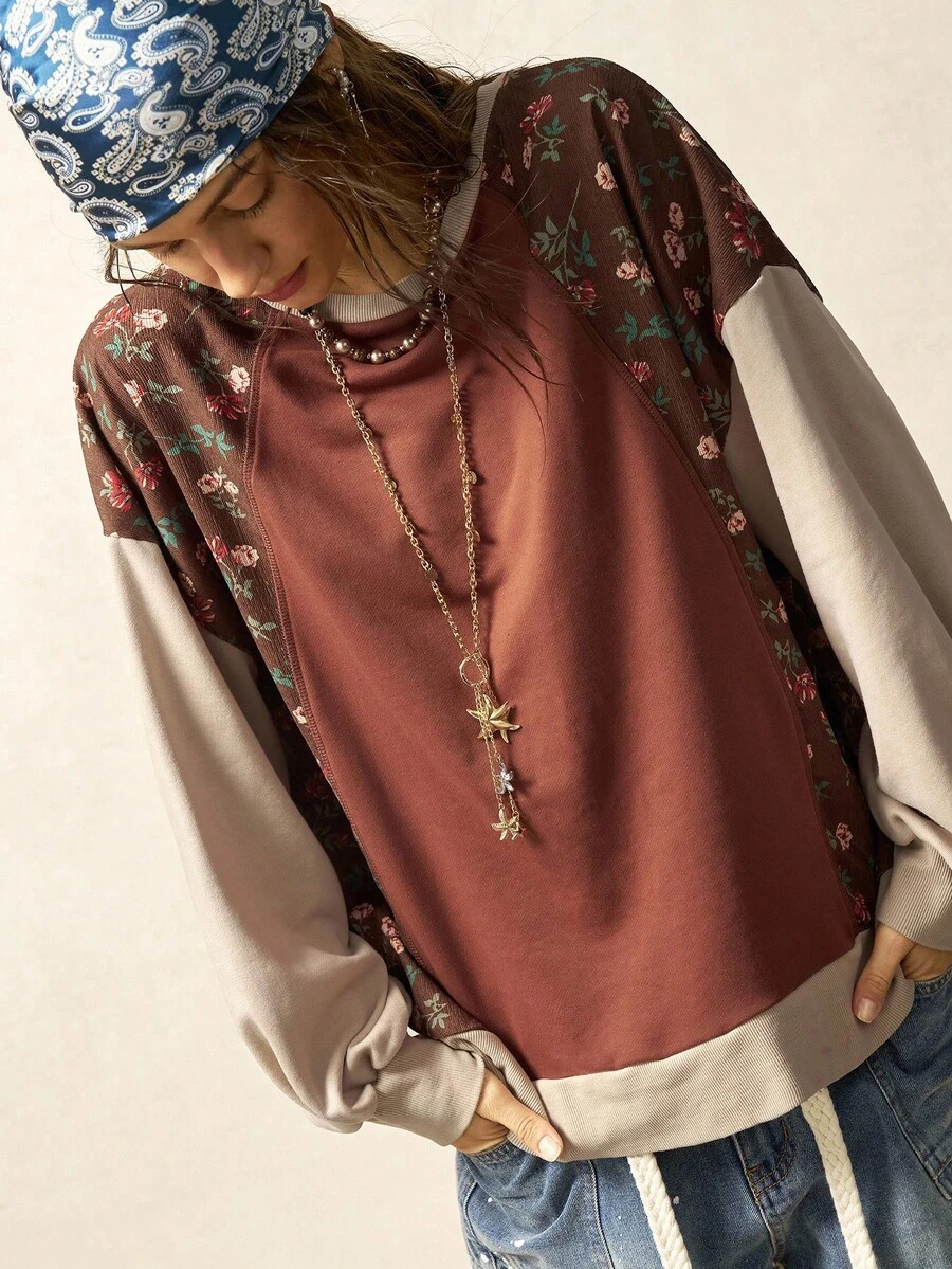 Bohemela 休闲针织拼布圆领碎花长袖宽松水洗女式上衣 - 摩卡棕 - 查看 1