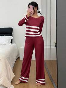 SHEIN Striped Casual Women Long Sleeve Top & Pants Pajama Set, Fall Clothes, Cozy Outfit - Burgundy - View 6