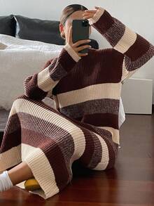 DAZY Women's Casual Loose Colorblock Striped Sweater Dress, Autumn