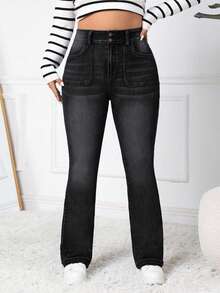 SHEIN PETITE CURVE Plus Size Women High Waist Pockets Flare Casual Versatile Jeans - Black - View 5