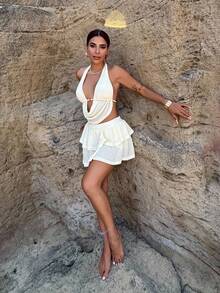 Bearsaez Women's 2-Piece Set: V-Neck Hollow-Out Halter Backless Cropped Tank Top & Tiered Mini Skirt, Suitable For Holiday, Date, Afternoon Tea, Vacation, Music Festival, Beach, Summer Outfit, Boho - Yellow - View 4
