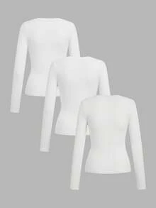 SHEIN EZwear 3 件套女士休闲圆领修身长袖 T 恤套装，适合秋冬季 - 白色 - 查看 2