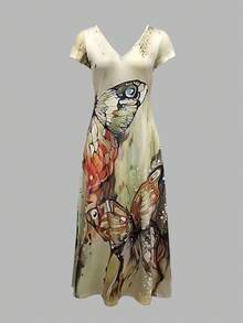 EMERY ROSE Butterfly Print Patterned Floral A-Line Short Sleeve Dress With Large Round Neckline For Summer Maxi Women Outfit - Multicolor - View 4