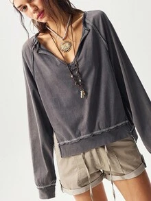 Bohemela Casual Solid Color V-Neck Long Sleeve Loose Washed Women T-Shirt, Suitable For Autumn, Halloween, Christmas, Music Festival Boho