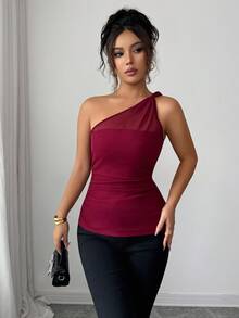 Elenzga 女式新款勃艮第网眼单肩扭结无袖褶皱腰修身纯色优雅精致百搭休闲/约会上衣，秋冬 - 酒紅色 - 查看 4