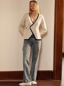 Écloséra 复古法式宽松V领长袖针织撞色饰边纽扣设计杏色女式开衫，秋冬外套 - 杏色 - 查看 5