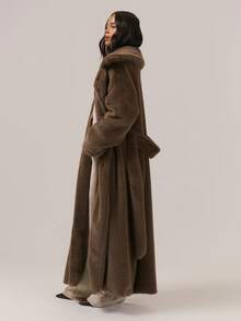 MUSERA Oversized Loose Fit Belted Maxi Length Fuzzy Fur Coat Classy Sexy Cute Night Out Vacation Autumn Fall Winter Outerwear September  Party Elegant Evening - Coffee Brown - View 2