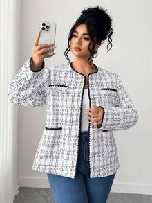 Elenzga Plus Size Shell Lace Tweed Jacket Winter Fall Autumn - Black and White - View 6
