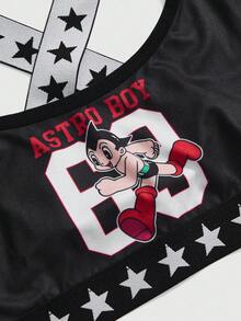 Astro Boy X ROMWE Women's Star Strap Cartoon Pattern Wireless Sports Bra & Brief Set - Black - View 4