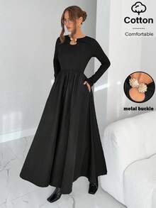 Siren Gaze Elegant Black Autumn Luxury Women Long Sleeve Ankle-Length A-Line Dress With Metal Buckle & Pockets,Brunch Work Party Wedding Guest Outfits - Black - View 1