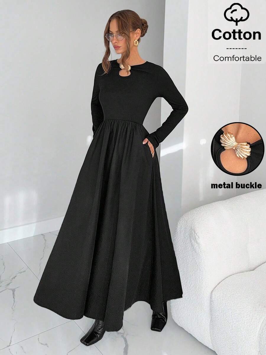 Siren Gaze Elegant Black Autumn Luxury Women Long Sleeve Ankle-Length A-Line Dress With Metal Buckle & Pockets,Brunch Work Party Wedding Guest Outfits - Black - View 1