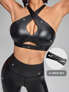 Innovista Woman Luxury Natural Tone Glossy Sports Sets Sophisticated Design Workout Clothes Athletic Outfits Training Breathable Active Crop Top Bra With Leggings Phone Card Pocket Bottom Metallic Two Pieces Daily Yoga Cycle Biker HIIT Office To Court Brunch To Gym Function Athleisure, Women Athletic Set