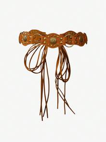 SHEIN BAE 波西米亚铆钉流苏打结腰带 - 駝色 - 查看 1