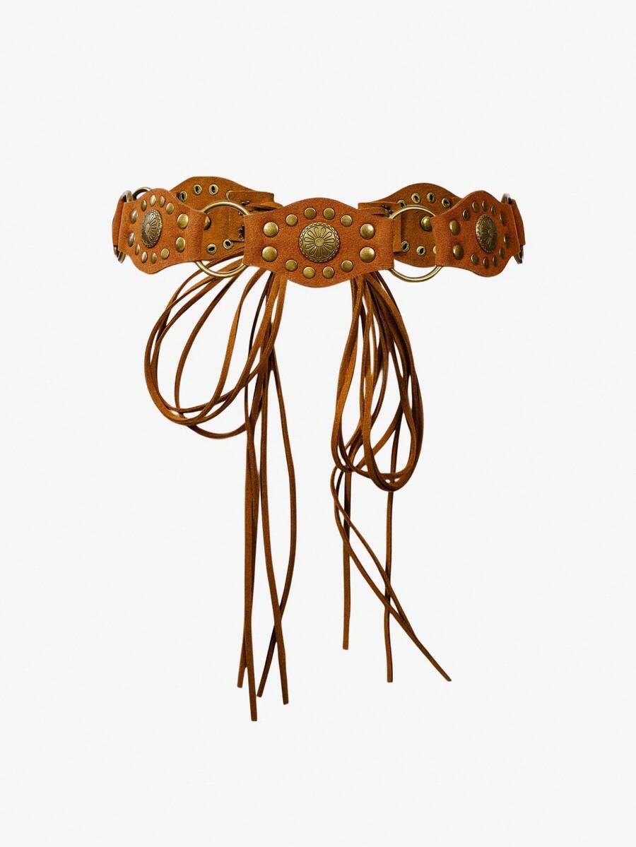 SHEIN BAE 波西米亚铆钉流苏打结腰带 - 駝色 - 查看 1