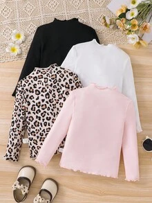 SHEIN LMoss Kids Conjunto de 4 piezas de camiseta de punto con cuello alto y ribete de lechuga para niña joven LMoss, versátil, excelente para uso casual diario y escolar en otoño e invierno - Multicolor - Ver 2