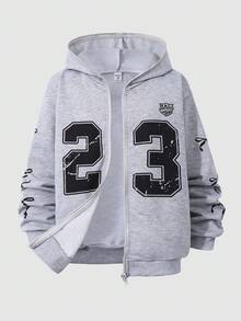 Tween Girl Vintage Bow Print Sweatshirt, Casual Street Style, Spring/Autumn Fall Winter - Grey - View 3
