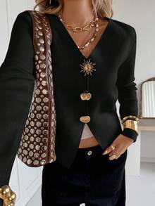 Siren Gaze Cárdigan de punto con decoración metálica para mujer, ropa casual de otoño e invierno - Negro - Ver 6