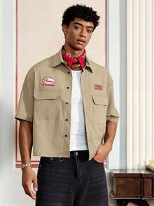 SWAVVY Men's Fashion College Style Button-Down Short Sleeve Shirt - Khaki - View 3