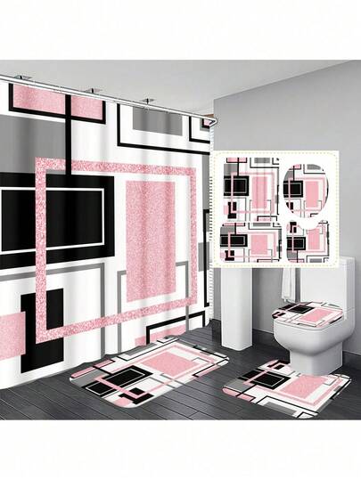 1pc/4pcs Geometric Multifunctional Decorative Bathroom Waterproof Shower Curtain With 12 Hooks, 1pc U-Shaped Rug And 1pc Round Toilet Cover For All-Around Bathroom Decoration Fall Decor Bathroom Accessories Back To School