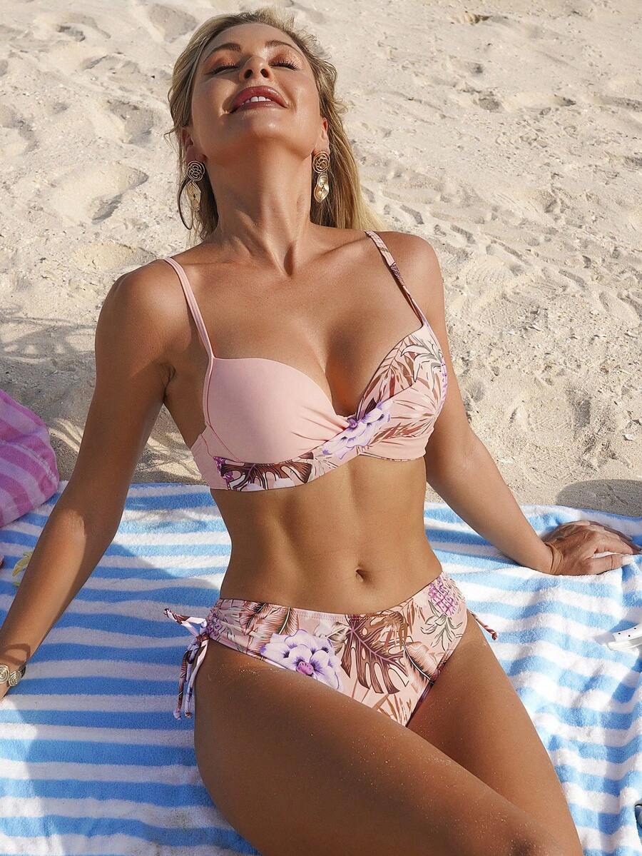 Swim Vcay Summer Beach Plant Print Spaghetti Strap Bikini Set With Detachable Bottom - Pink - View 1