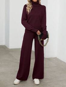 EMERY ROSE 2 st kvinnor casual långärmad tröja och byxor set - Rödviolett - Visa 4