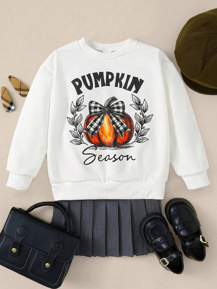 Young Girls Halloween Print Casual Round Neck Sweatshirt 2025 Back-To-School Season Kids College Outfits And Campus Sportswear - White - View 1