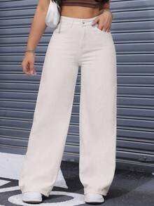SHEIN ICON Plus Size Women Casual Loose Wide Leg Solid Color Button Jeans - Apricot - View 3