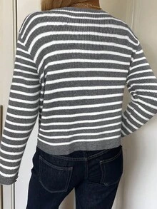 SHEIN EZwear 女式条纹休闲长袖针织开衫，秋季 - 灰色 - 查看 2
