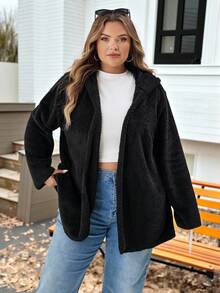 SHEIN CURVE+ 大码休闲简约秋冬居家休闲黑色双面绒宽松连帽女外套 - 黑色 - 查看 5