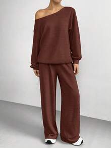SHEIN EZwear Ensemble Top et pantalon décontracté unicolore pour femmes - Acajou - Voir 3